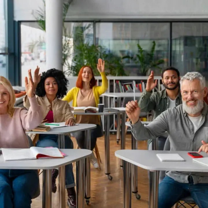Front view adults studying together